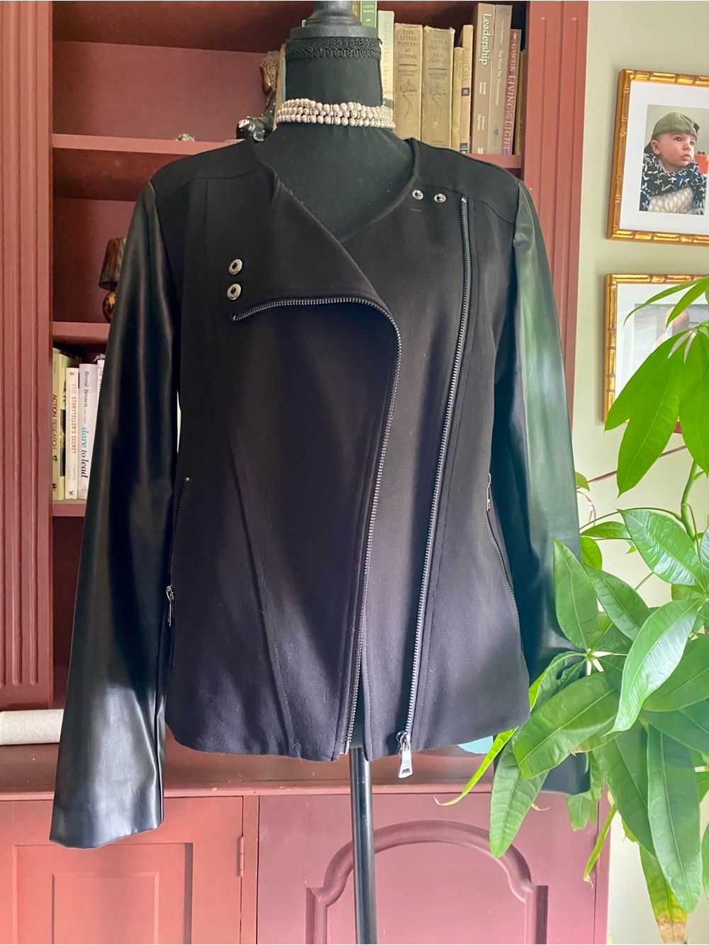 DKNY Black Women’s Faux Leather Sleeve Moto Jacket